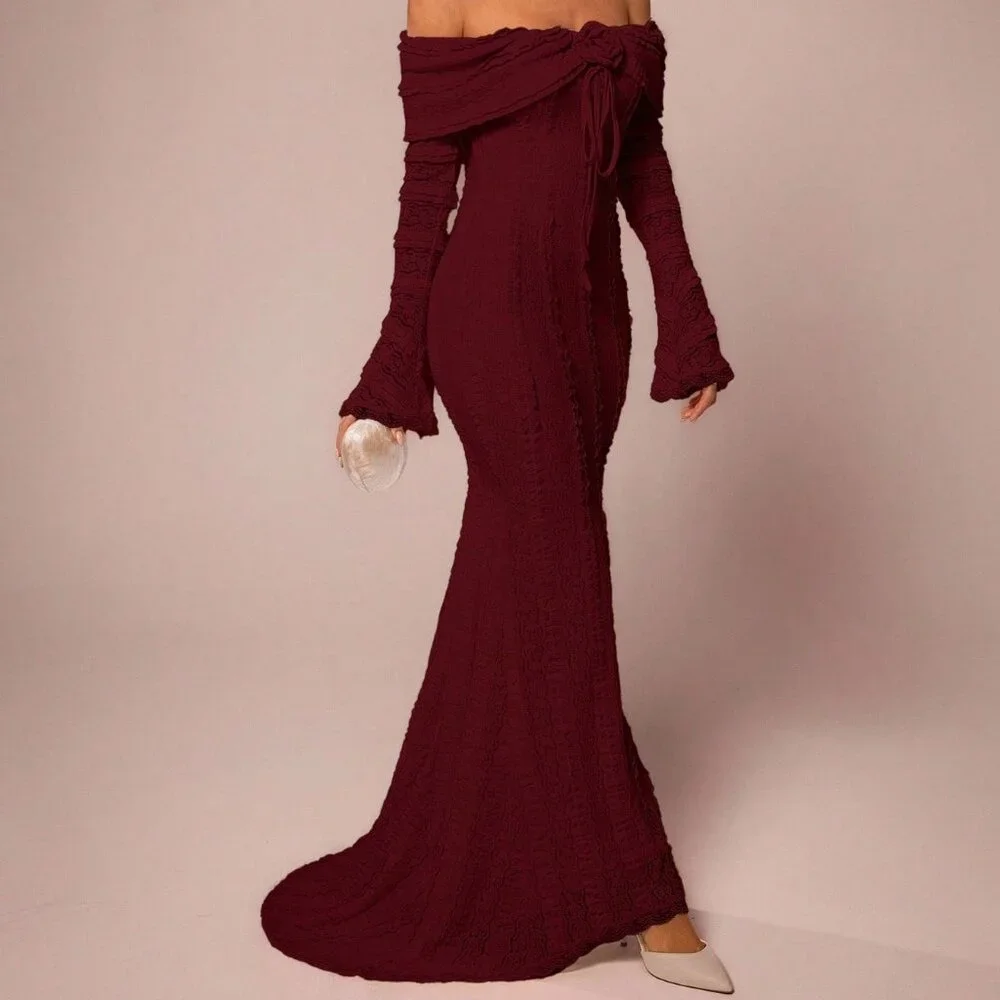 Burgundy Elegant Women's Off-Shoulder Maxi Dress - Picture 4 of 8